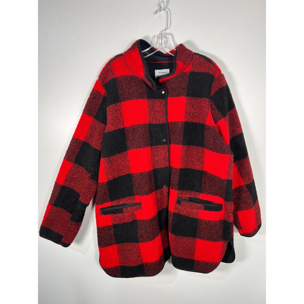 Old Navy Red Black Buffalo Plaid Sherpa Fleece Zip Up Jacket Cabin Cozy XL